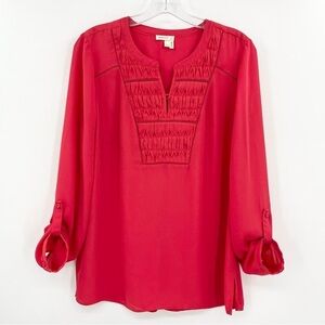 Anthropologie Meadow Rue Red Chiffon Roll-Tab Sleeve Popover Tunic Blouse Top